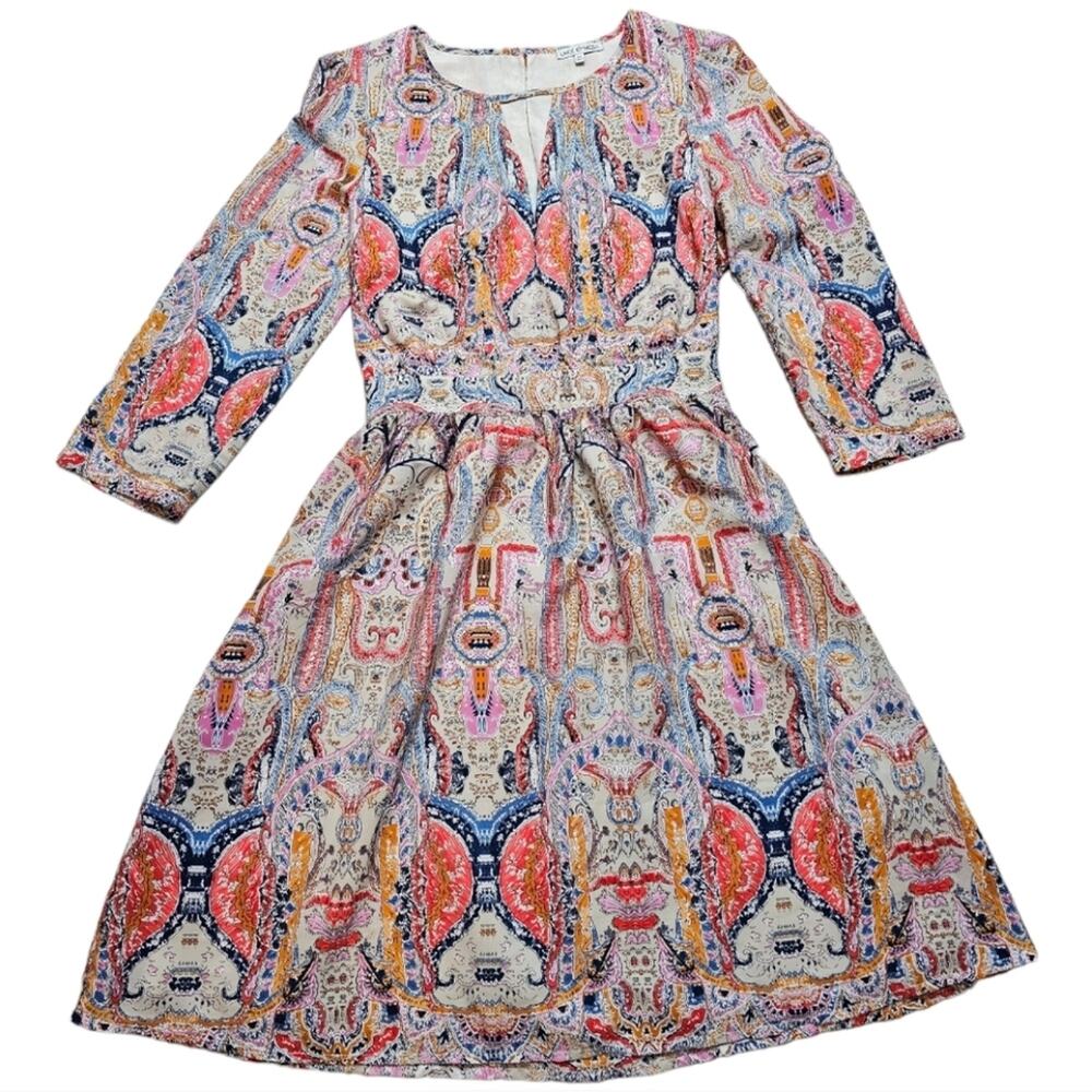 Lace and Mesh A Line Boho Fit and Flare Dress Multicolor 3/4 Sleeve XS